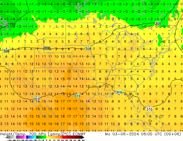 Height/Temp. 700 hPa ECMWF Mo 03.06.2024 06 UTC