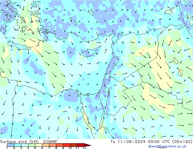 Rüzgar 10 m (bft) ECMWF Sa 11.06.2024 00 UTC