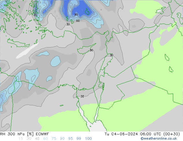 RH 300 hPa ECMWF Tu 04.06.2024 06 UTC