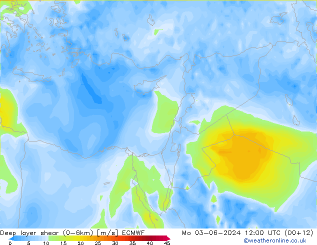 Deep layer shear (0-6km) ECMWF lun 03.06.2024 12 UTC