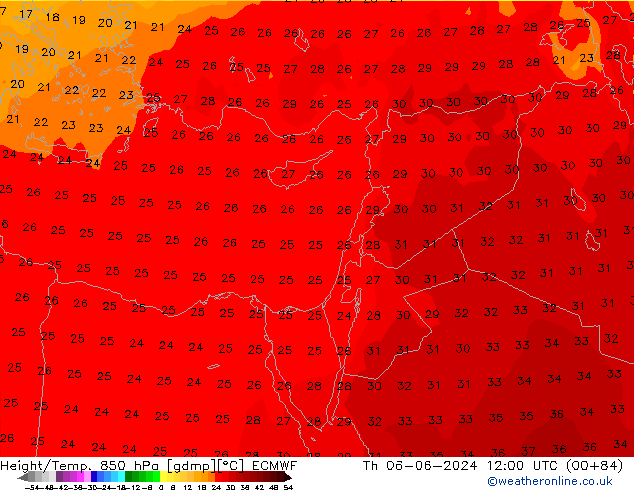 Height/Temp. 850 hPa ECMWF Th 06.06.2024 12 UTC