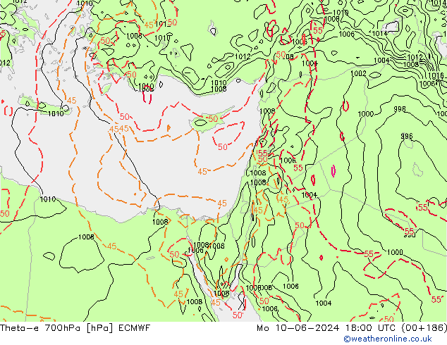 Theta-e 700hPa ECMWF lun 10.06.2024 18 UTC