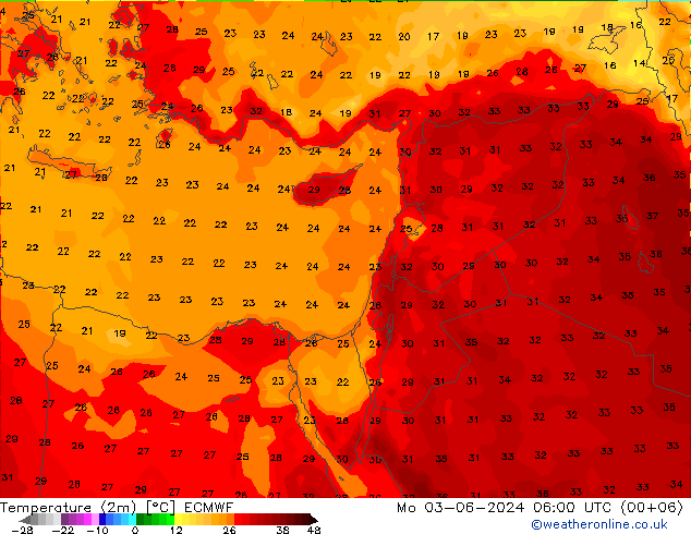 Sıcaklık Haritası (2m) ECMWF Pzt 03.06.2024 06 UTC