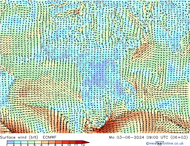 Vento 10 m (bft) ECMWF Seg 03.06.2024 09 UTC