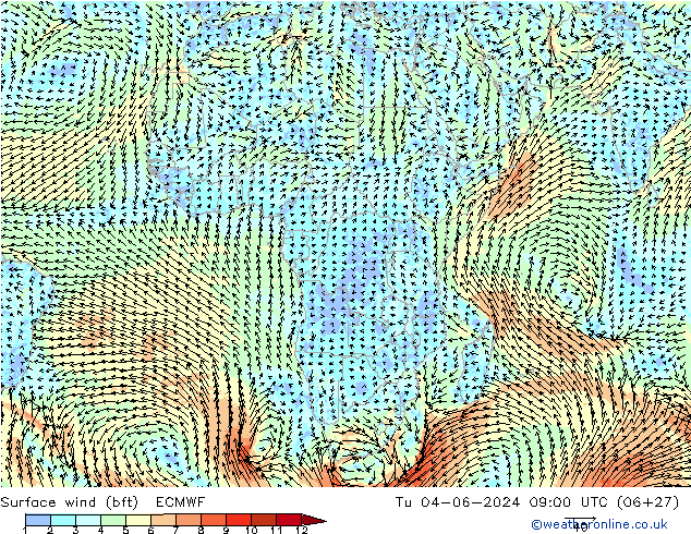 Bodenwind (bft) ECMWF Di 04.06.2024 09 UTC