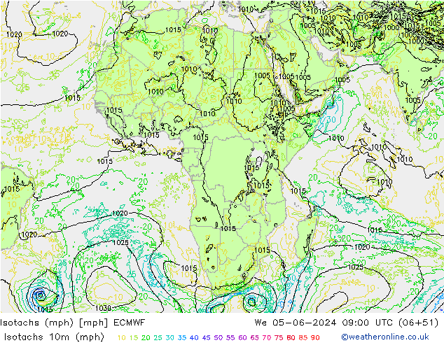 Eşrüzgar Hızları mph ECMWF Çar 05.06.2024 09 UTC