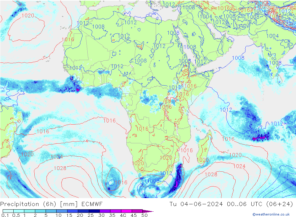 Precipitation (6h) ECMWF Tu 04.06.2024 06 UTC