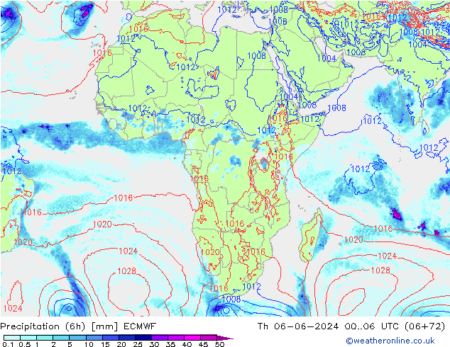 Z500/Rain (+SLP)/Z850 ECMWF Čt 06.06.2024 06 UTC