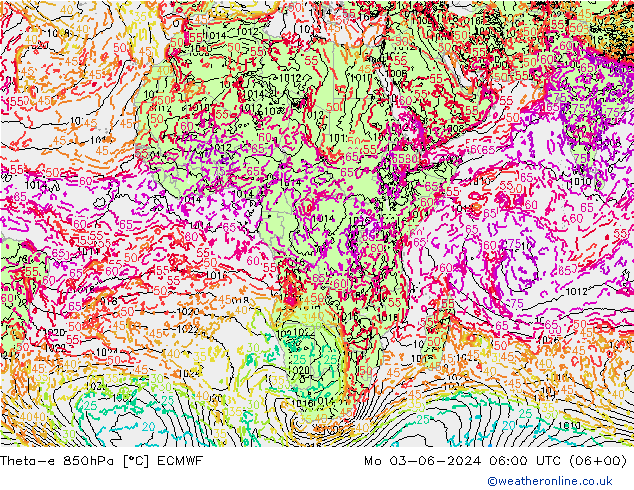 Theta-e 850hPa ECMWF Seg 03.06.2024 06 UTC