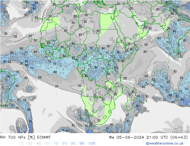 RH 700 hPa ECMWF mer 05.06.2024 21 UTC