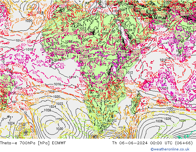 Theta-e 700hPa ECMWF Čt 06.06.2024 00 UTC