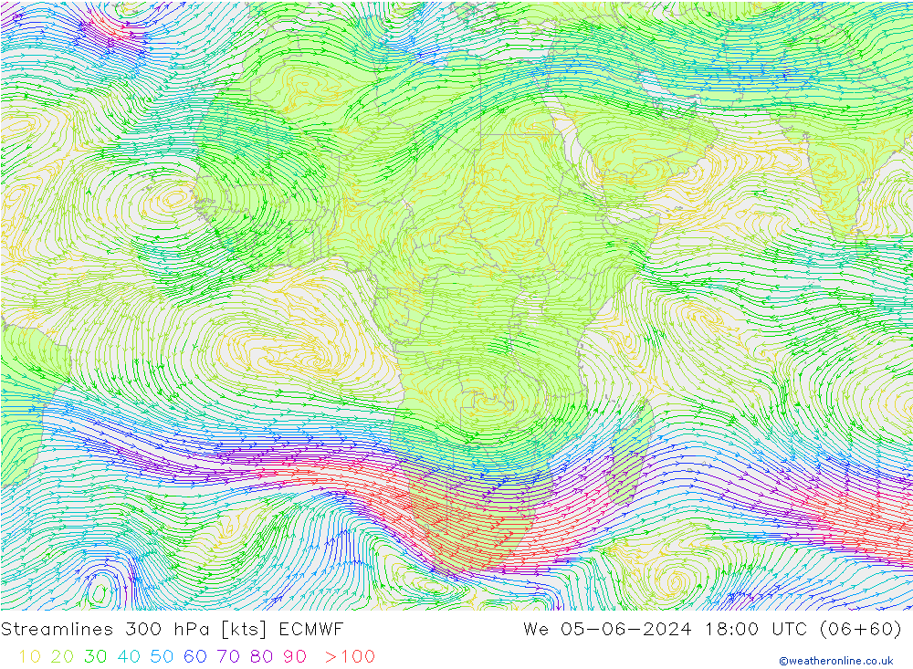 Línea de corriente 300 hPa ECMWF mié 05.06.2024 18 UTC