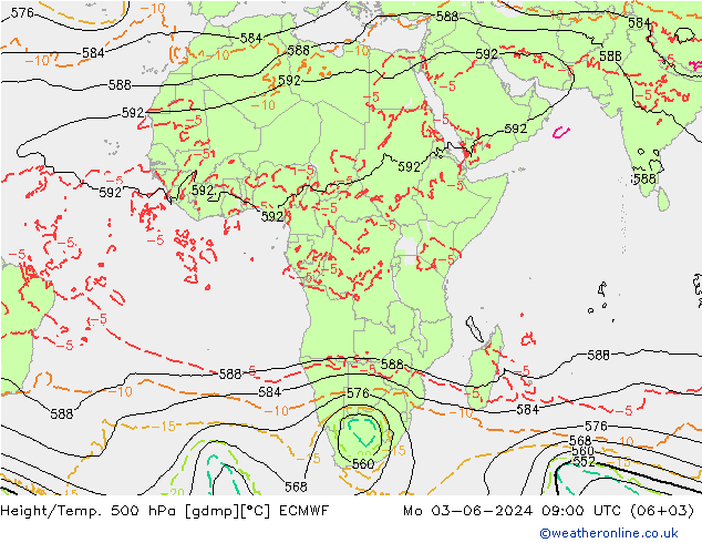 Height/Temp. 500 hPa ECMWF pon. 03.06.2024 09 UTC