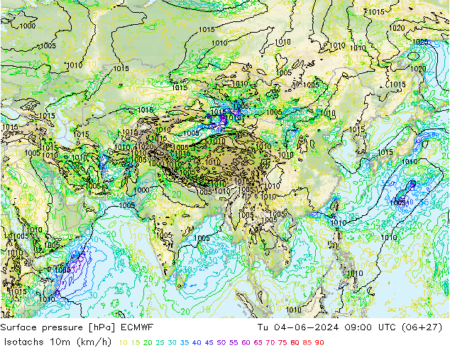 Isotachs (kph) ECMWF mar 04.06.2024 09 UTC