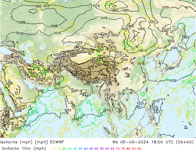 Eşrüzgar Hızları mph ECMWF Çar 05.06.2024 18 UTC