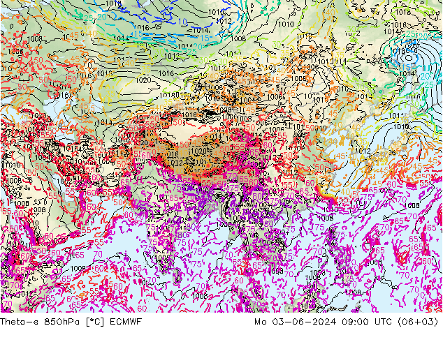 Theta-e 850hPa ECMWF Mo 03.06.2024 09 UTC