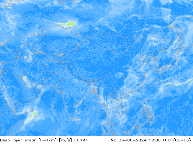 Deep layer shear (0-1km) ECMWF Mo 03.06.2024 12 UTC