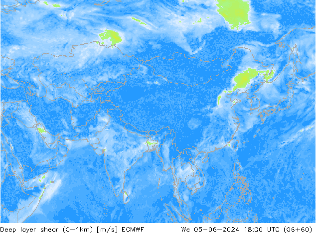 Deep layer shear (0-1km) ECMWF Qua 05.06.2024 18 UTC