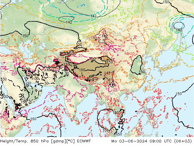 Height/Temp. 850 hPa ECMWF Mo 03.06.2024 09 UTC