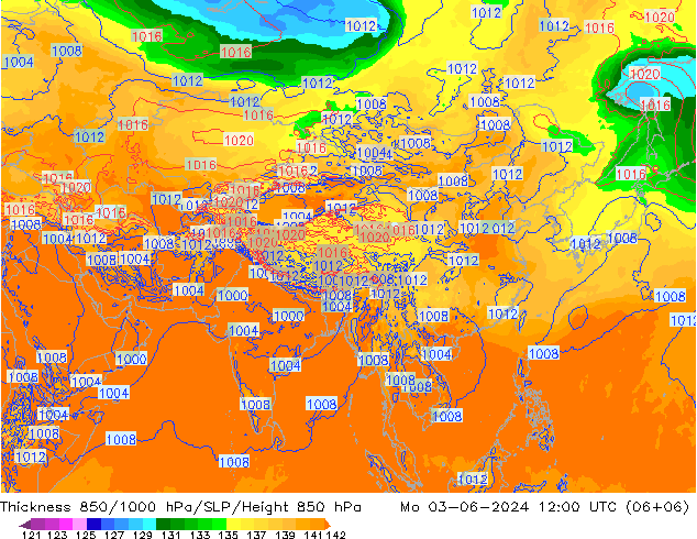 Dikte 850-1000 hPa ECMWF ma 03.06.2024 12 UTC