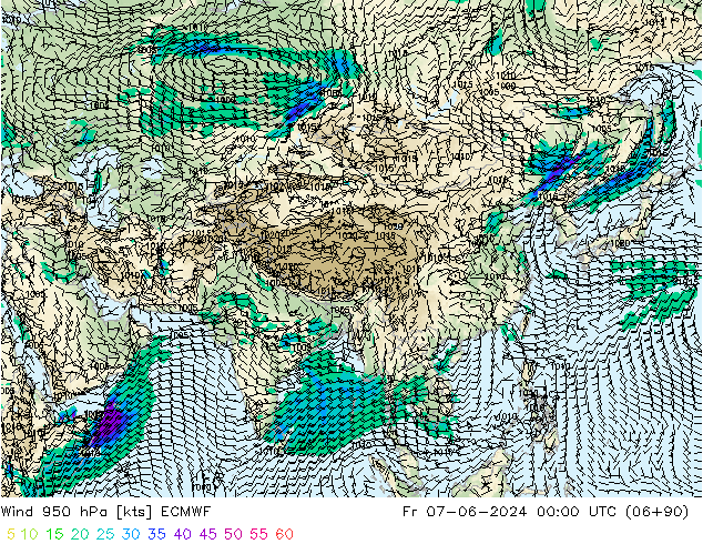 Rüzgar 950 hPa ECMWF Cu 07.06.2024 00 UTC