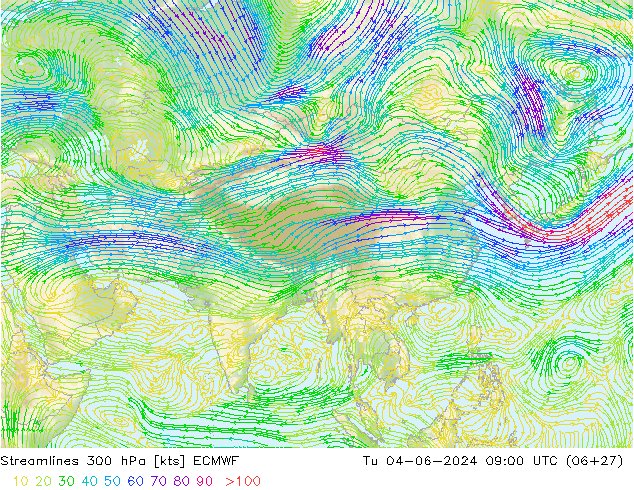 Linha de corrente 300 hPa ECMWF Ter 04.06.2024 09 UTC