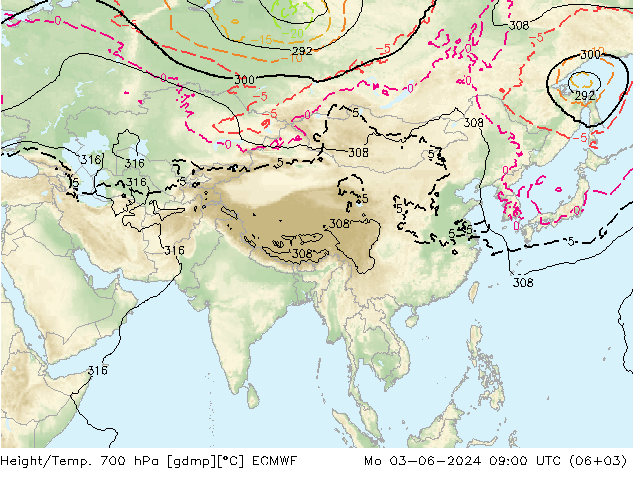 Height/Temp. 700 hPa ECMWF Po 03.06.2024 09 UTC