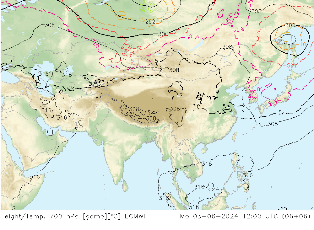 Height/Temp. 700 hPa ECMWF Mo 03.06.2024 12 UTC