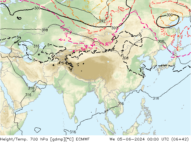 Height/Temp. 700 hPa ECMWF We 05.06.2024 00 UTC