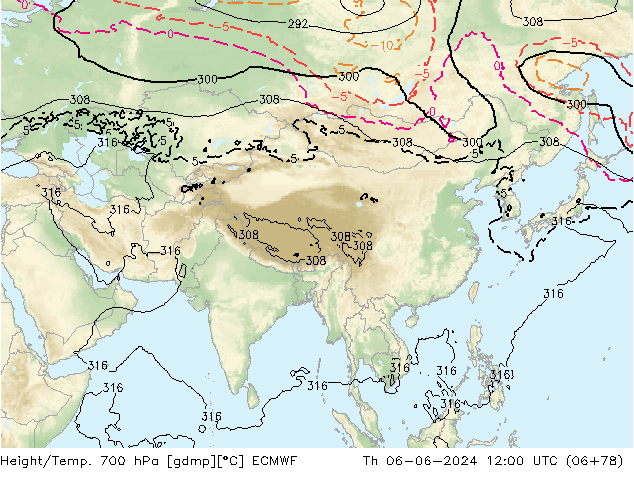 Height/Temp. 700 hPa ECMWF Th 06.06.2024 12 UTC