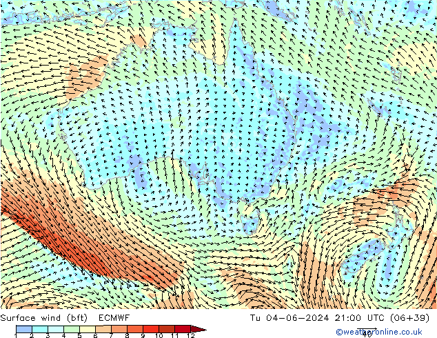 ве�Bе�@ 10 m (bft) ECMWF вт 04.06.2024 21 UTC