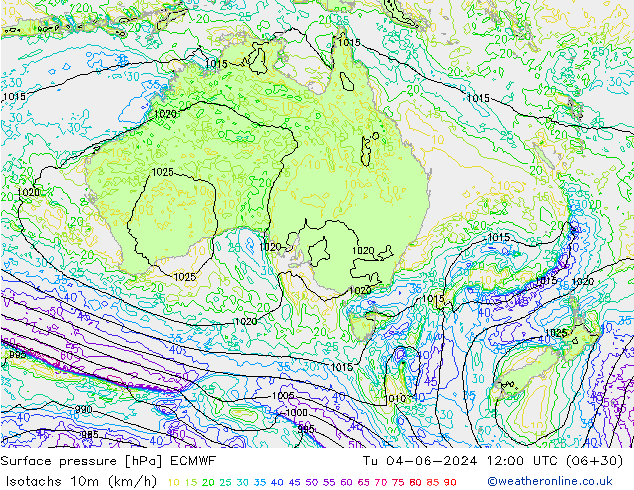 Isotachs (kph) ECMWF Tu 04.06.2024 12 UTC