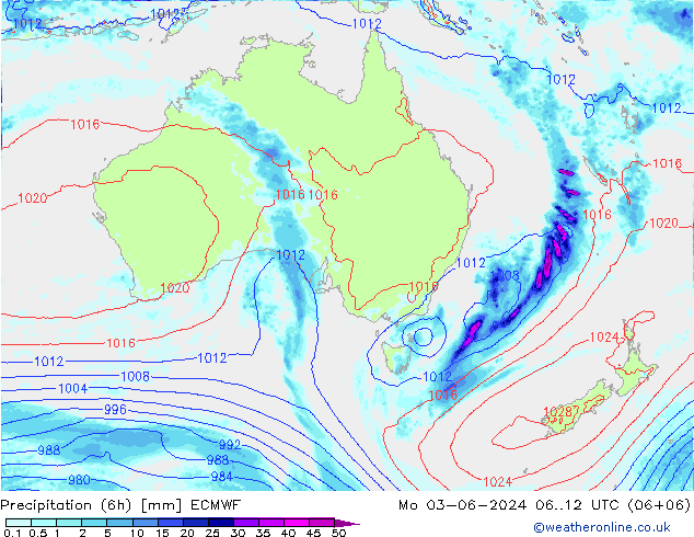 Totale neerslag (6h) ECMWF ma 03.06.2024 12 UTC