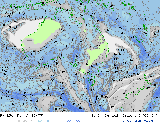 RH 850 hPa ECMWF Tu 04.06.2024 06 UTC