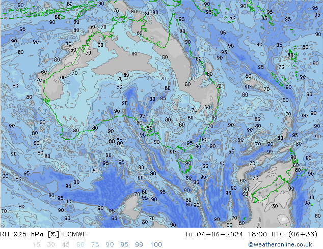 RH 925 hPa ECMWF Út 04.06.2024 18 UTC