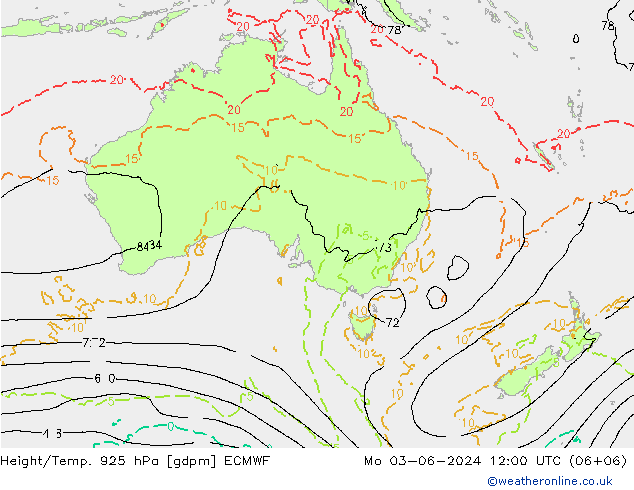 Height/Temp. 925 hPa ECMWF lun 03.06.2024 12 UTC