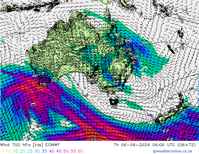 Vento 700 hPa ECMWF gio 06.06.2024 06 UTC