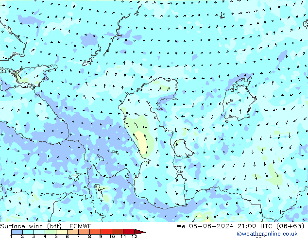 Surface wind (bft) ECMWF We 05.06.2024 21 UTC