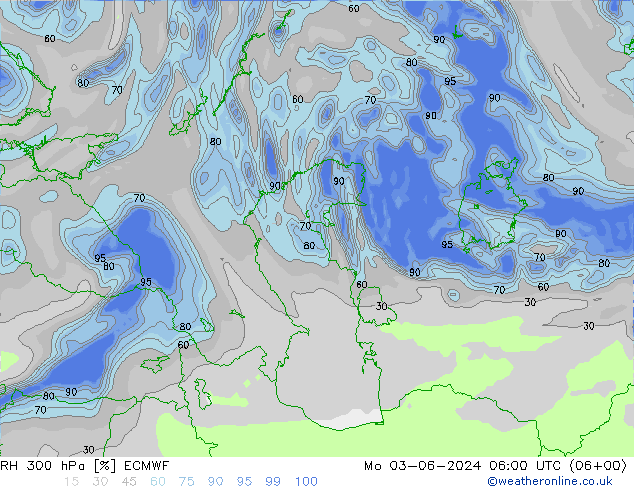 Humedad rel. 300hPa ECMWF lun 03.06.2024 06 UTC