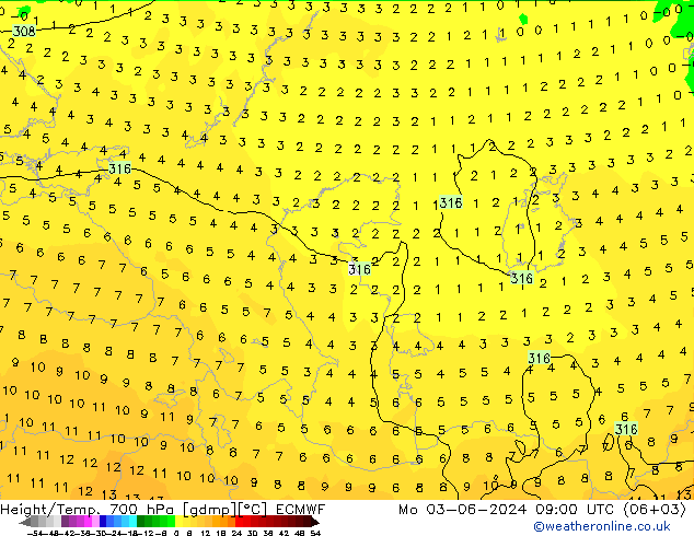 Géop./Temp. 700 hPa ECMWF lun 03.06.2024 09 UTC