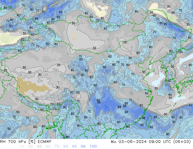 Humedad rel. 700hPa ECMWF lun 03.06.2024 09 UTC