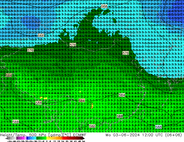 Z500/Rain (+SLP)/Z850 ECMWF Mo 03.06.2024 12 UTC