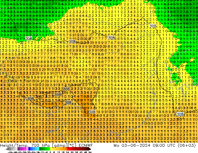 Height/Temp. 700 hPa ECMWF Mo 03.06.2024 09 UTC