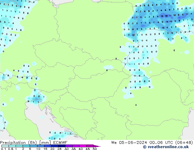 Precipitation (6h) ECMWF We 05.06.2024 06 UTC