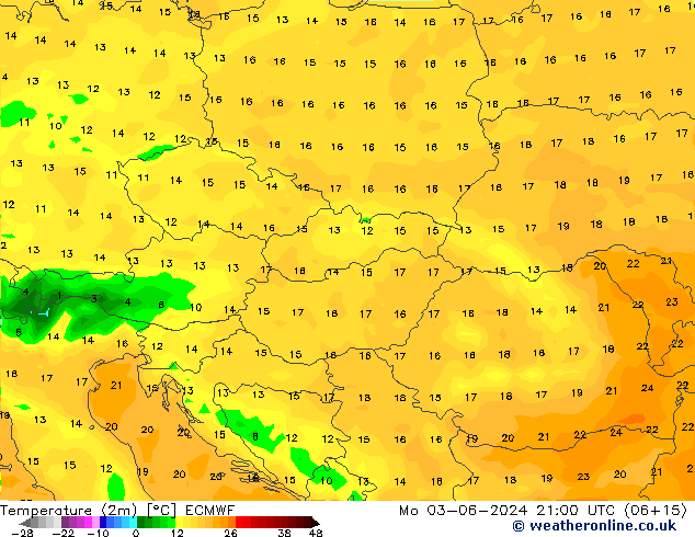 mapa temperatury (2m) ECMWF pon. 03.06.2024 21 UTC