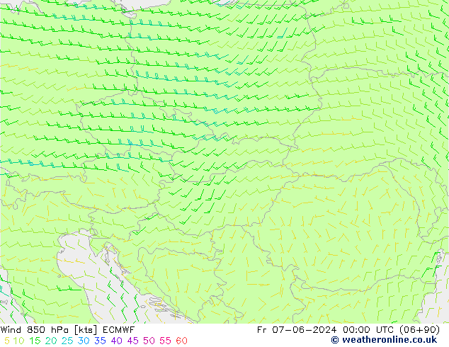 Vento 850 hPa ECMWF ven 07.06.2024 00 UTC