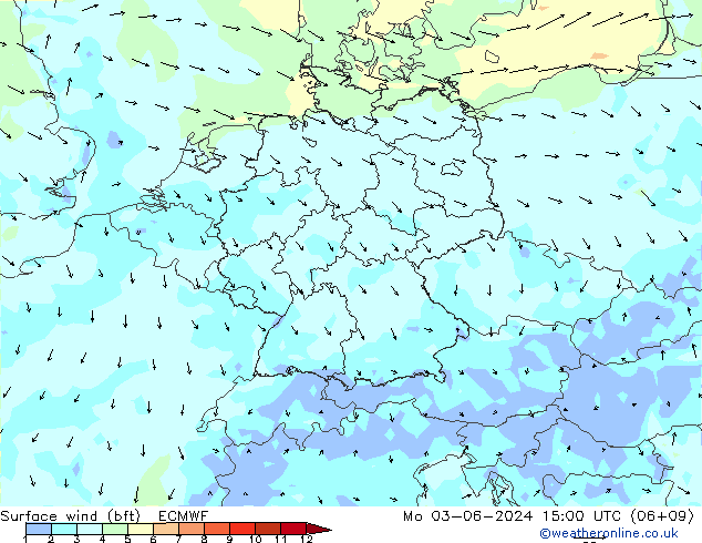 Viento 10 m (bft) ECMWF lun 03.06.2024 15 UTC