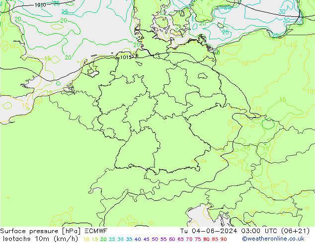 Isotachs (kph) ECMWF Út 04.06.2024 03 UTC