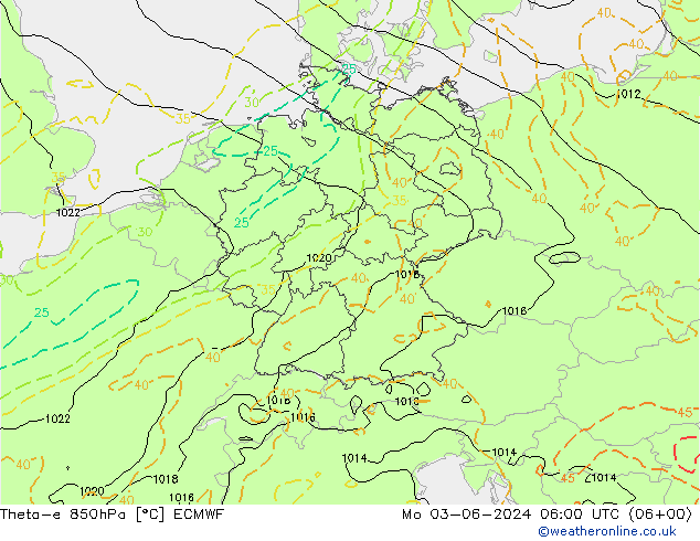 Theta-e 850hPa ECMWF lun 03.06.2024 06 UTC