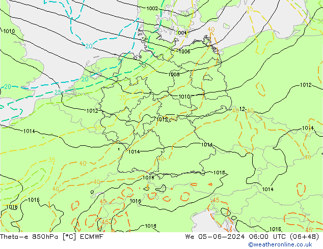 Theta-e 850hPa ECMWF mer 05.06.2024 06 UTC